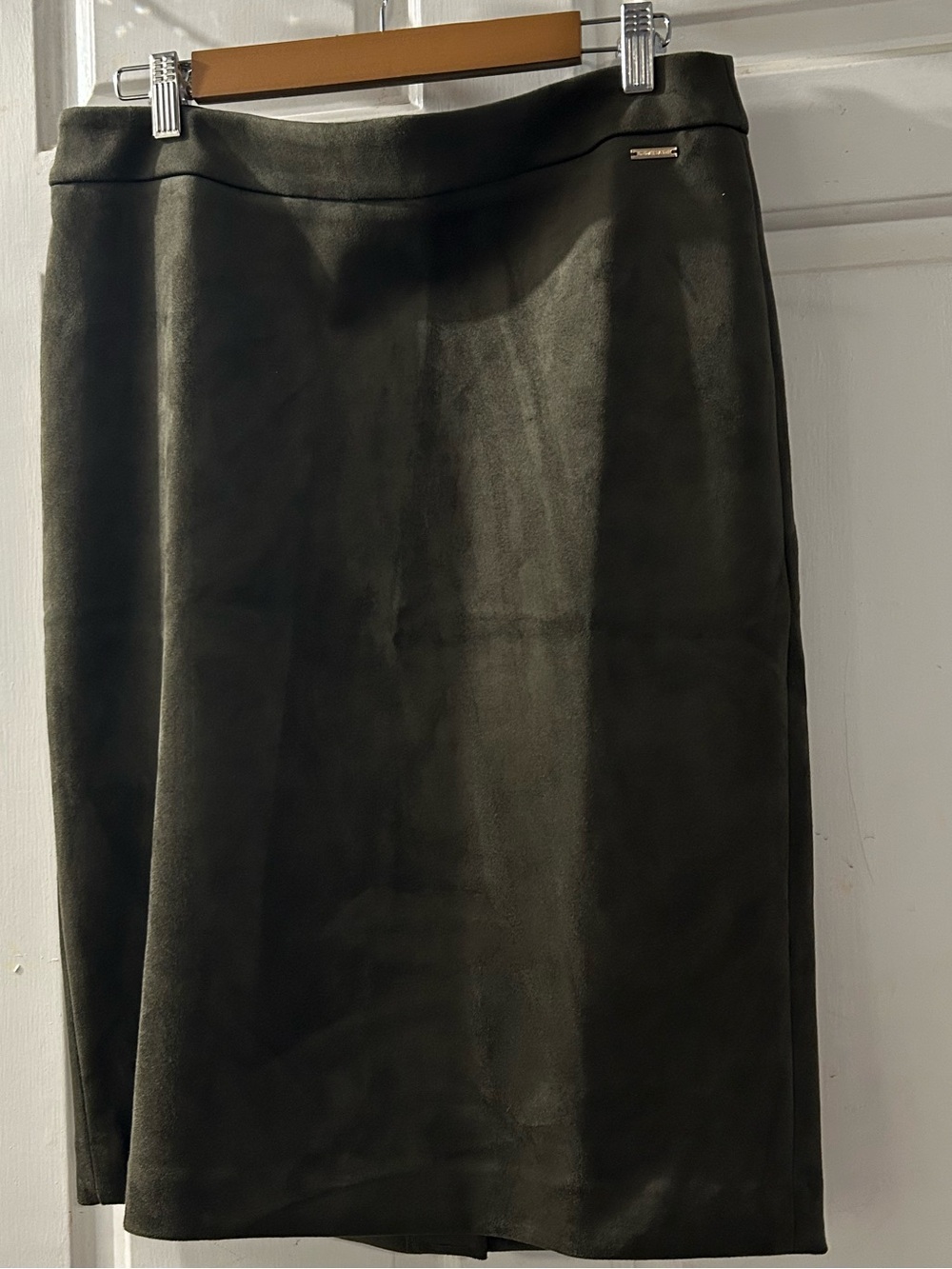 T Tahari Dark Olive Suede Midi Skirt